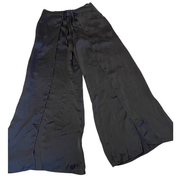 Talulah Boho Silky Black Palazzo Tie Front High Slit Wide Leg Pull On Pants Lg - Picture 1 of 12